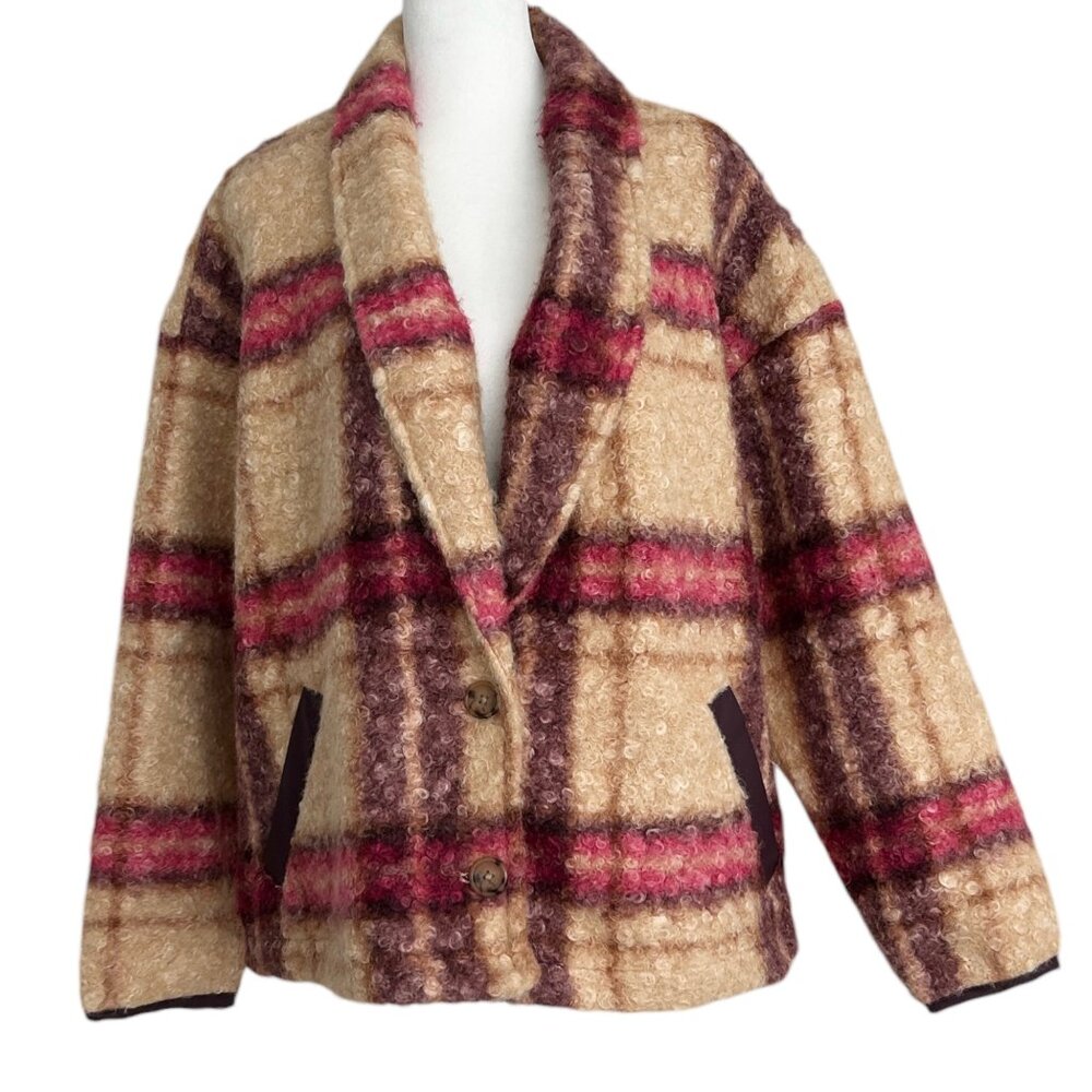 Knox Rose Plaid Fuzzy Curly Teddy Oversized Jacket Coat (L)